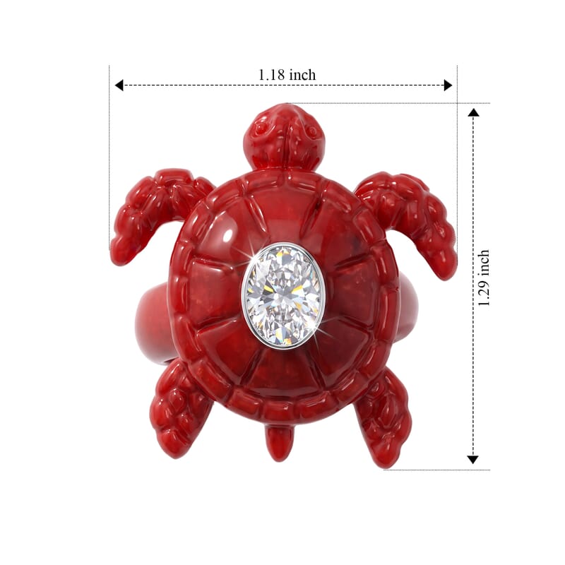 Bali Legacy Moissanite 1.30 ctw and Red Coral Carved Turtle Ring in Sterling Silver (Size 5.0)