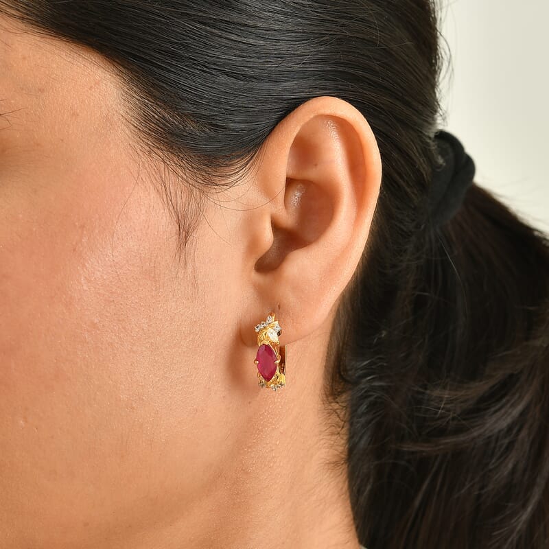 GP Premium African Ruby and White Zircon 3.50 ctw Hoop Earrings in 18K Vermeil Yellow Gold Over Sterling Silver
