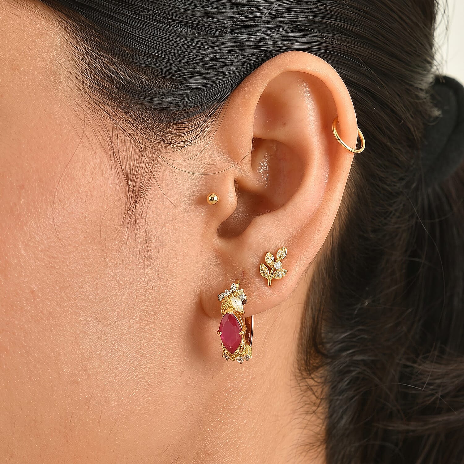 GP Premium African Ruby and White Zircon 3.50 ctw Hoop Earrings in 18K Vermeil Yellow Gold Over Sterling Silver