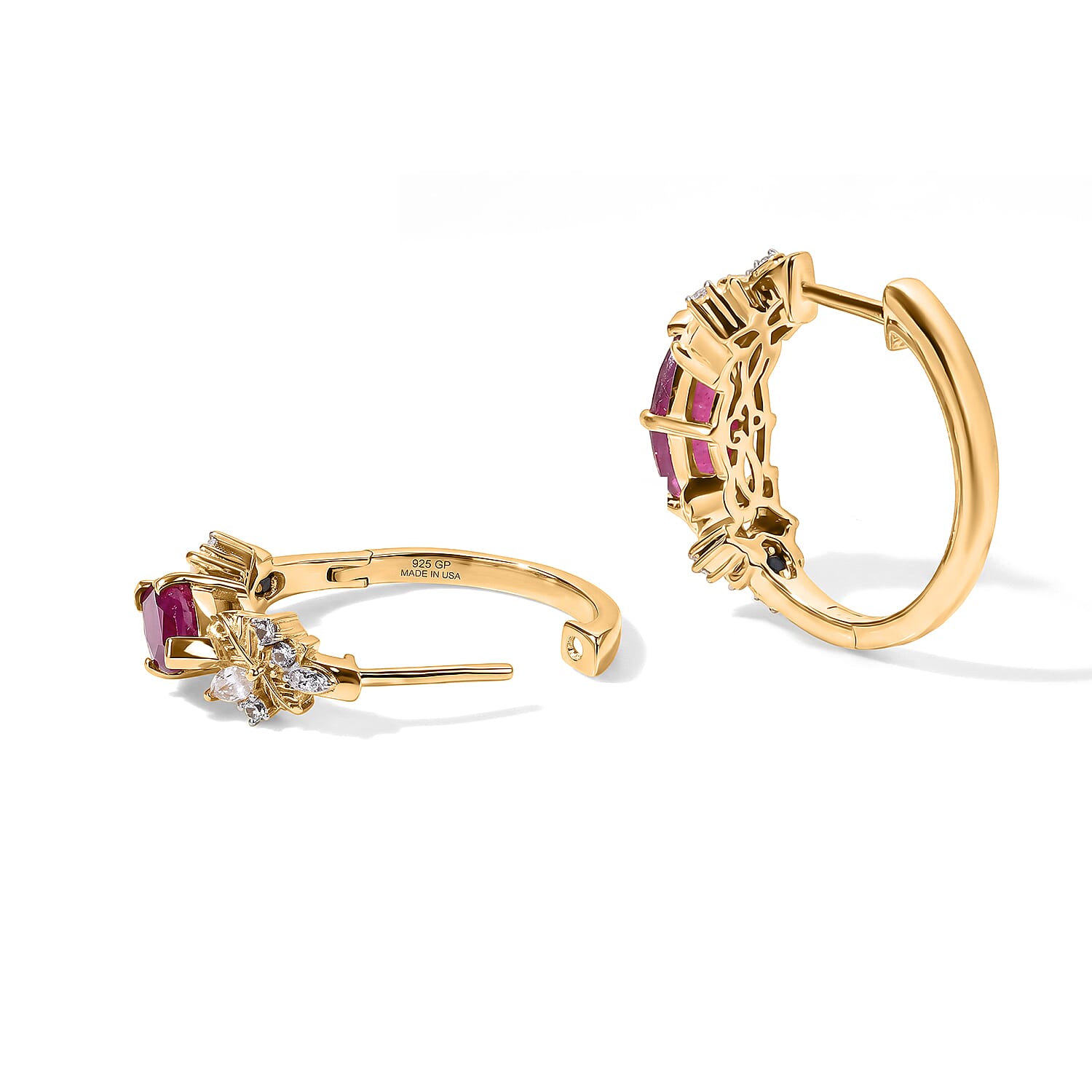 GP Premium African Ruby and White Zircon 3.50 ctw Hoop Earrings in 18K Vermeil Yellow Gold Over Sterling Silver