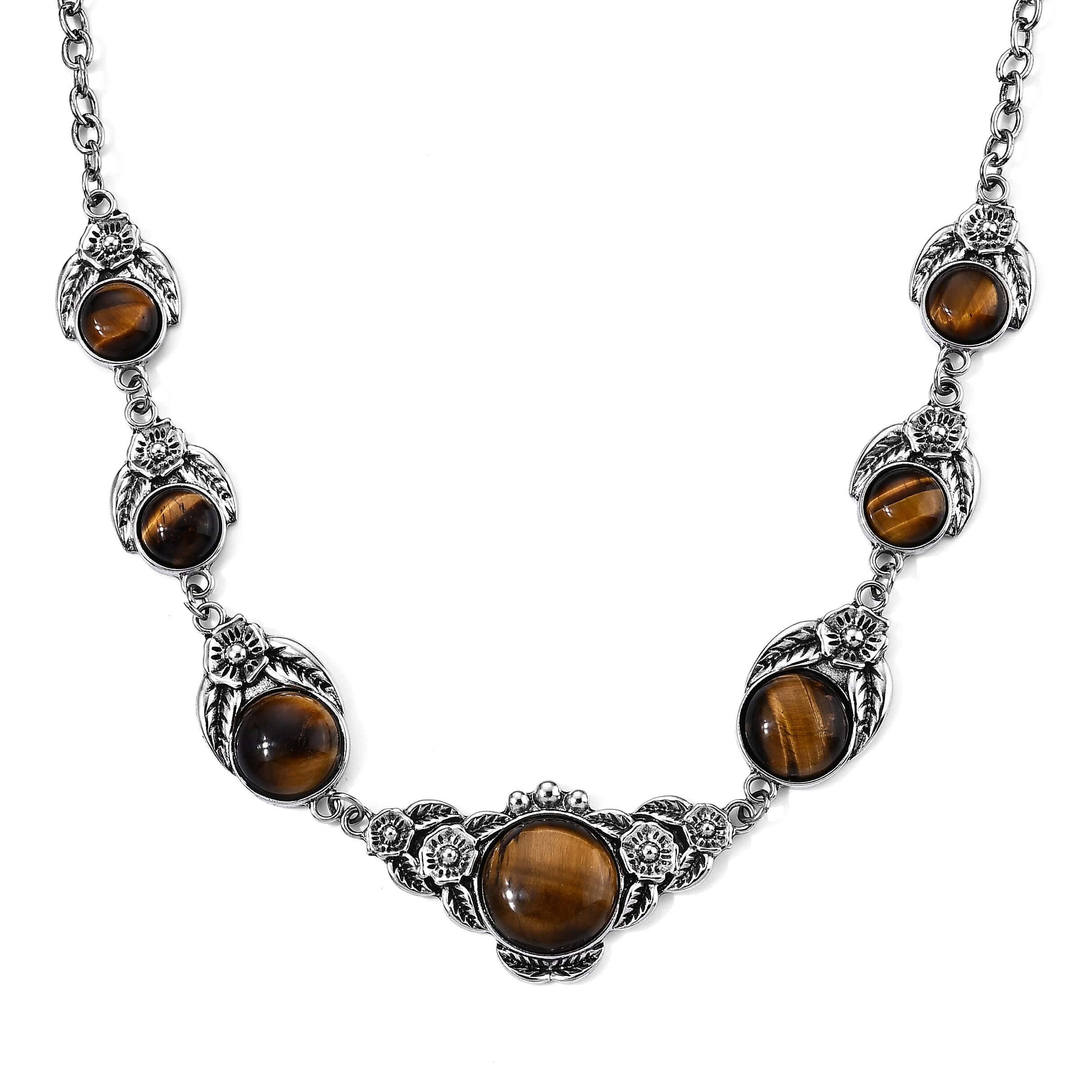 Yellow Tigers Eye 120.00 ctw Necklace in Silvertone 18-20 Inches