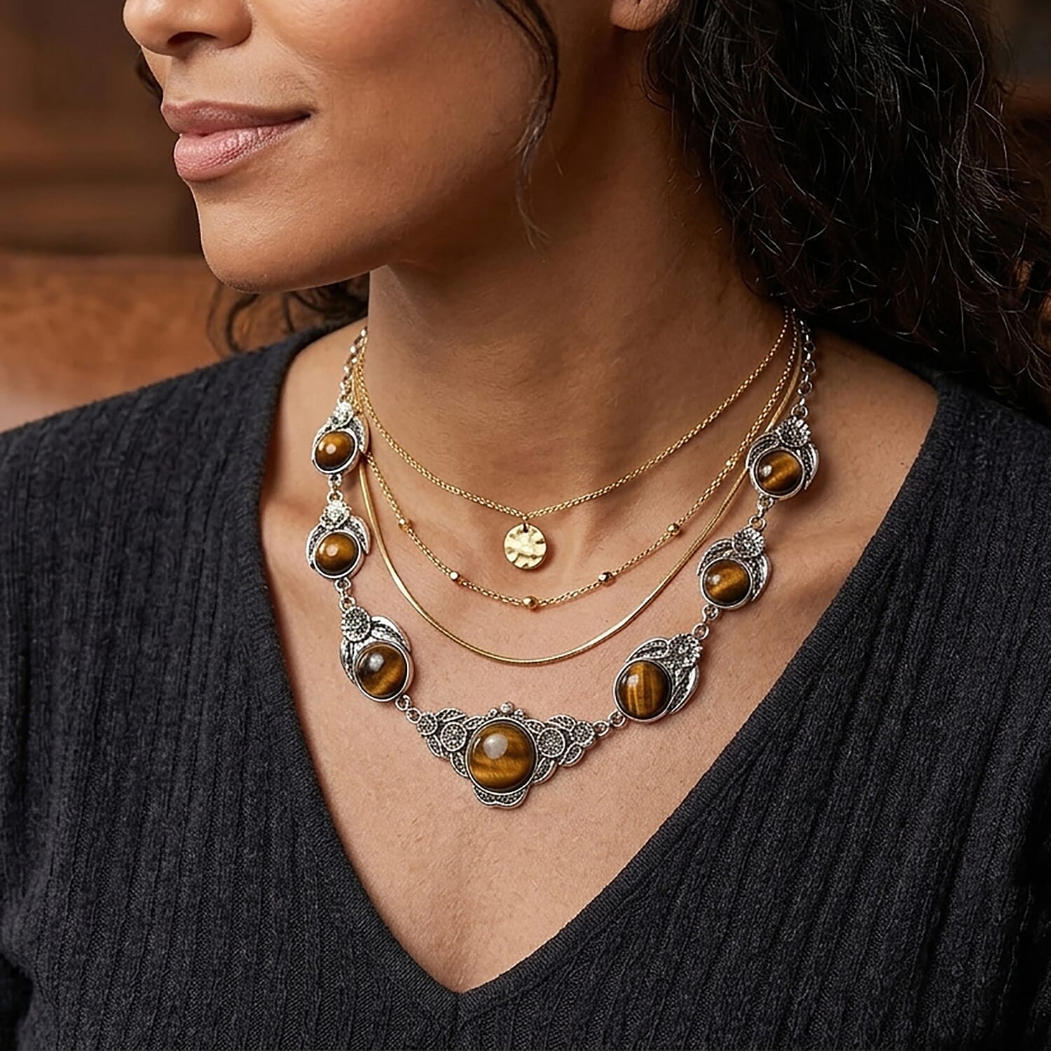 Yellow Tigers Eye 120.00 ctw Necklace in Silvertone 18-20 Inches