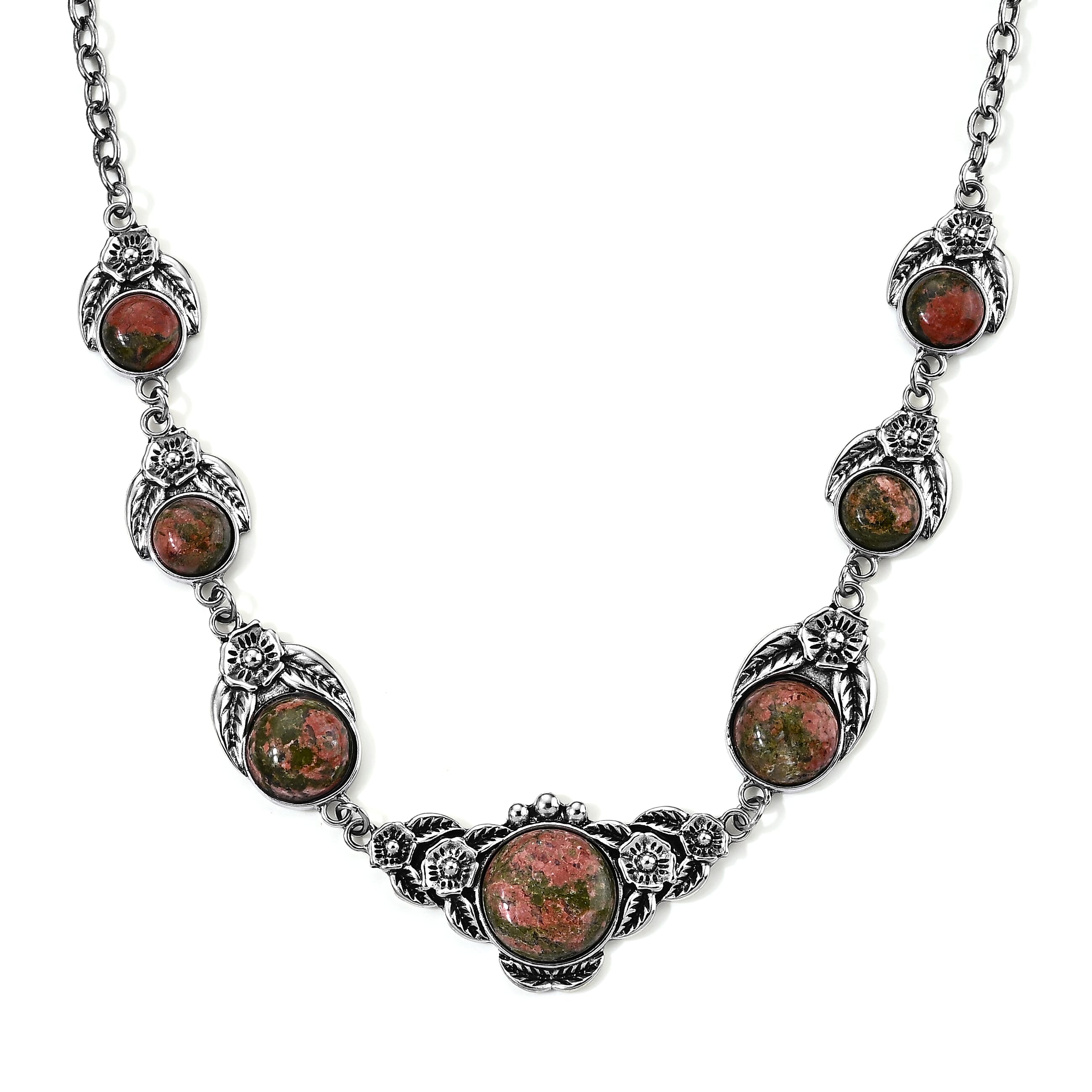 Unakite 120.00 ctw Necklace in Silvertone 18-20 Inches