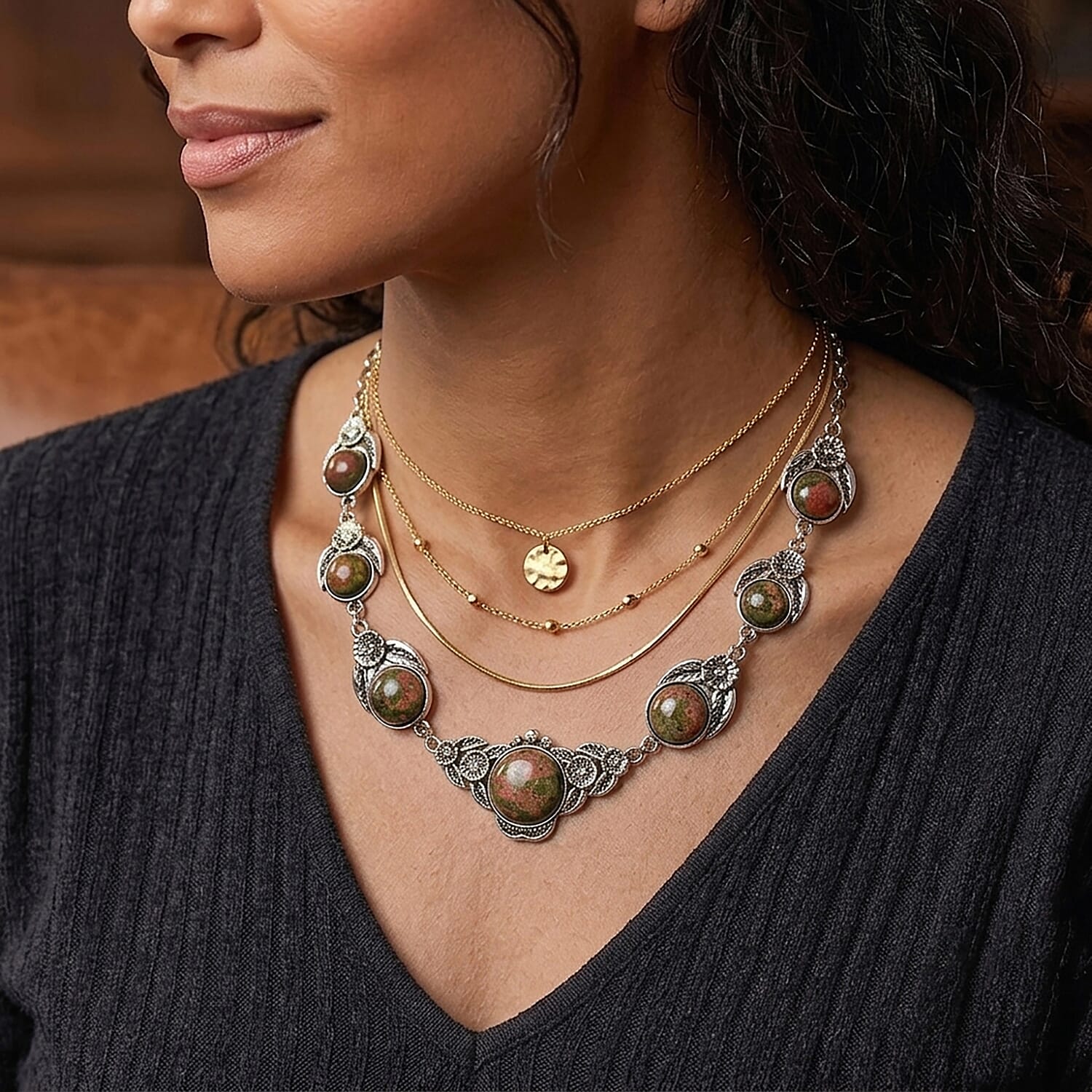 Unakite 120.00 ctw Necklace in Silvertone 18-20 Inches
