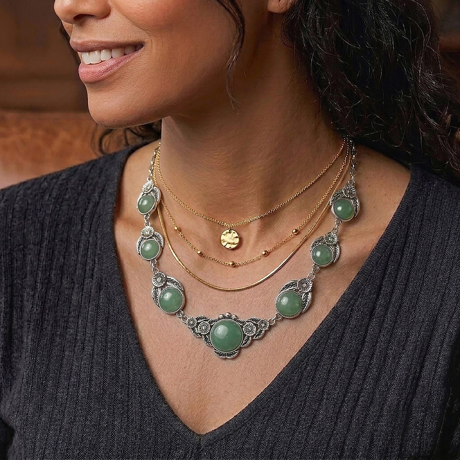 Green Aventurine 120.00 ctw Necklace in Silvertone 18-20 Inches