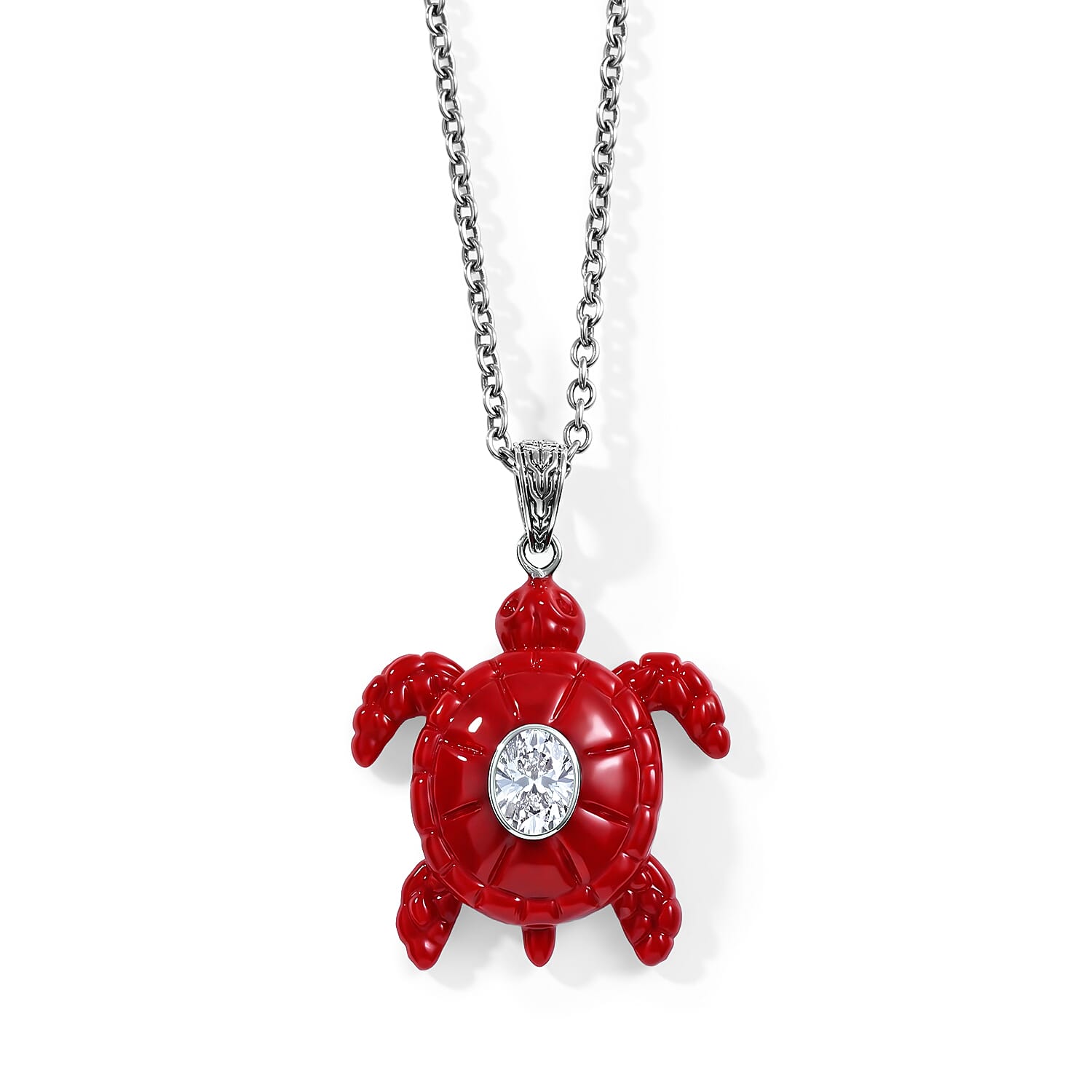 D'Joy Bali Legacy Moissanite 1.25 ctw and Red Coral Turtle Pendant Without Chain in Sterling Silver