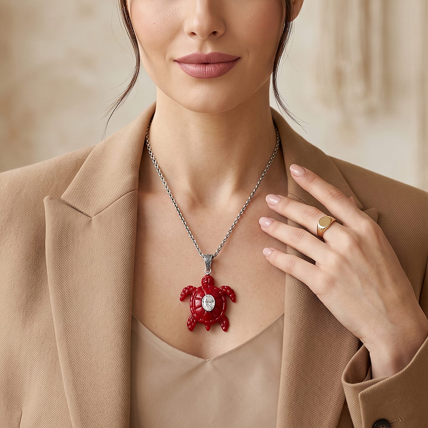 D'Joy Bali Legacy Moissanite 1.25 ctw and Red Coral Turtle Pendant Without Chain in Sterling Silver