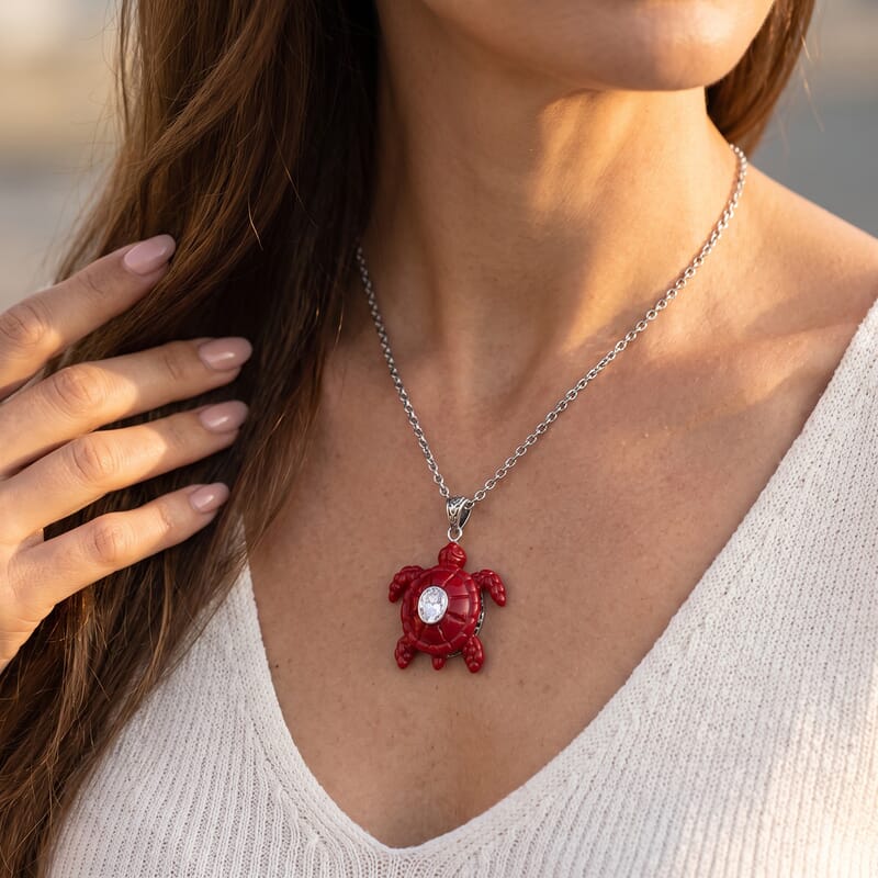 D'Joy Bali Legacy Moissanite 1.25 ctw and Red Coral Turtle Pendant Without Chain in Sterling Silver