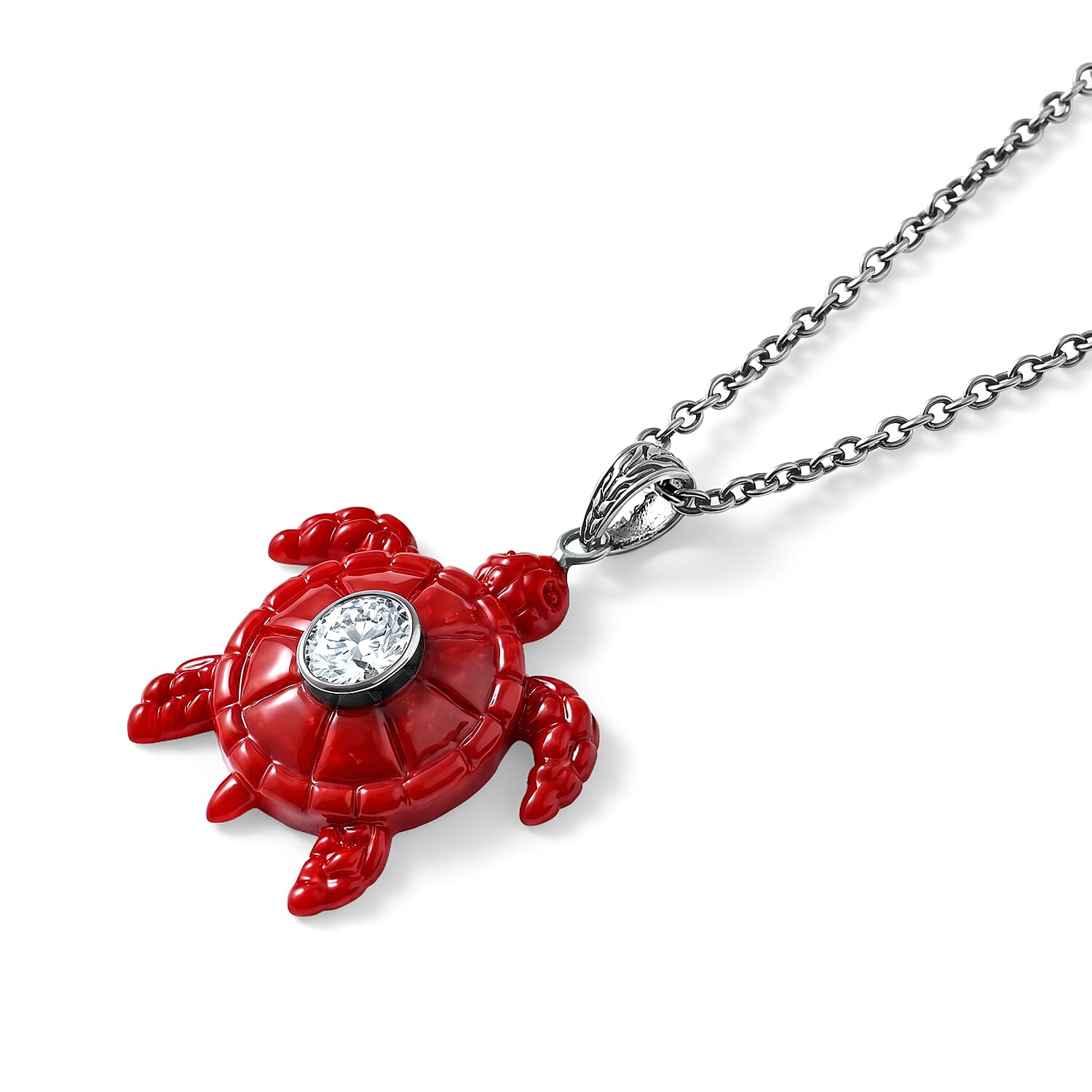 D'Joy Bali Legacy Moissanite 1.25 ctw and Red Coral Turtle Pendant Without Chain in Sterling Silver