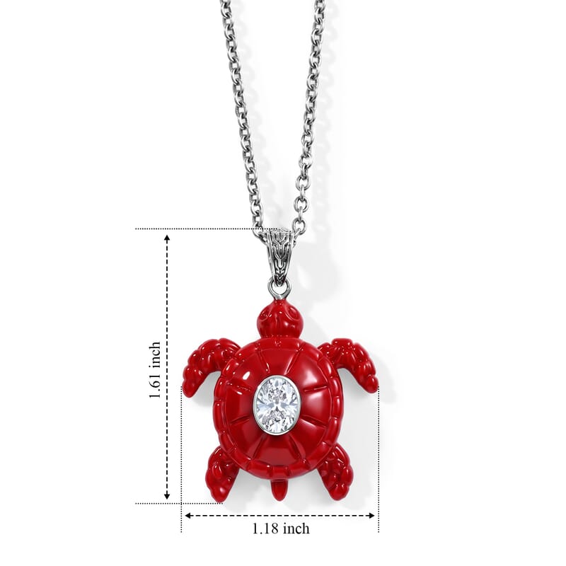 D'Joy Bali Legacy Moissanite 1.25 ctw and Red Coral Turtle Pendant Without Chain in Sterling Silver