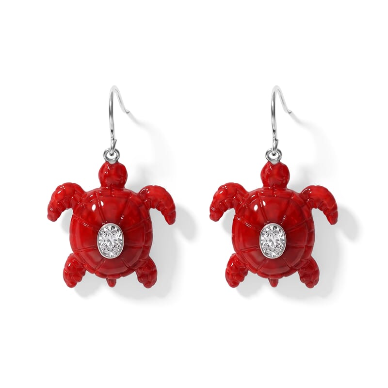 D'Joy Bali Legacy Moissanite 1.00 ctw and Red Coral Turtle Earrings in Sterling Silver