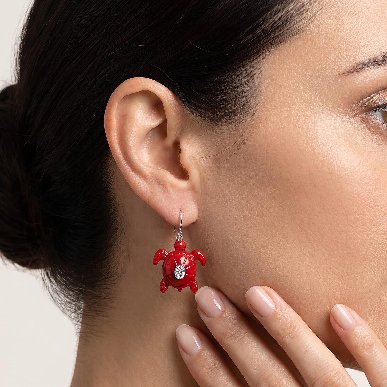 D'Joy Bali Legacy Moissanite 1.00 ctw and Red Coral Turtle Earrings in Sterling Silver