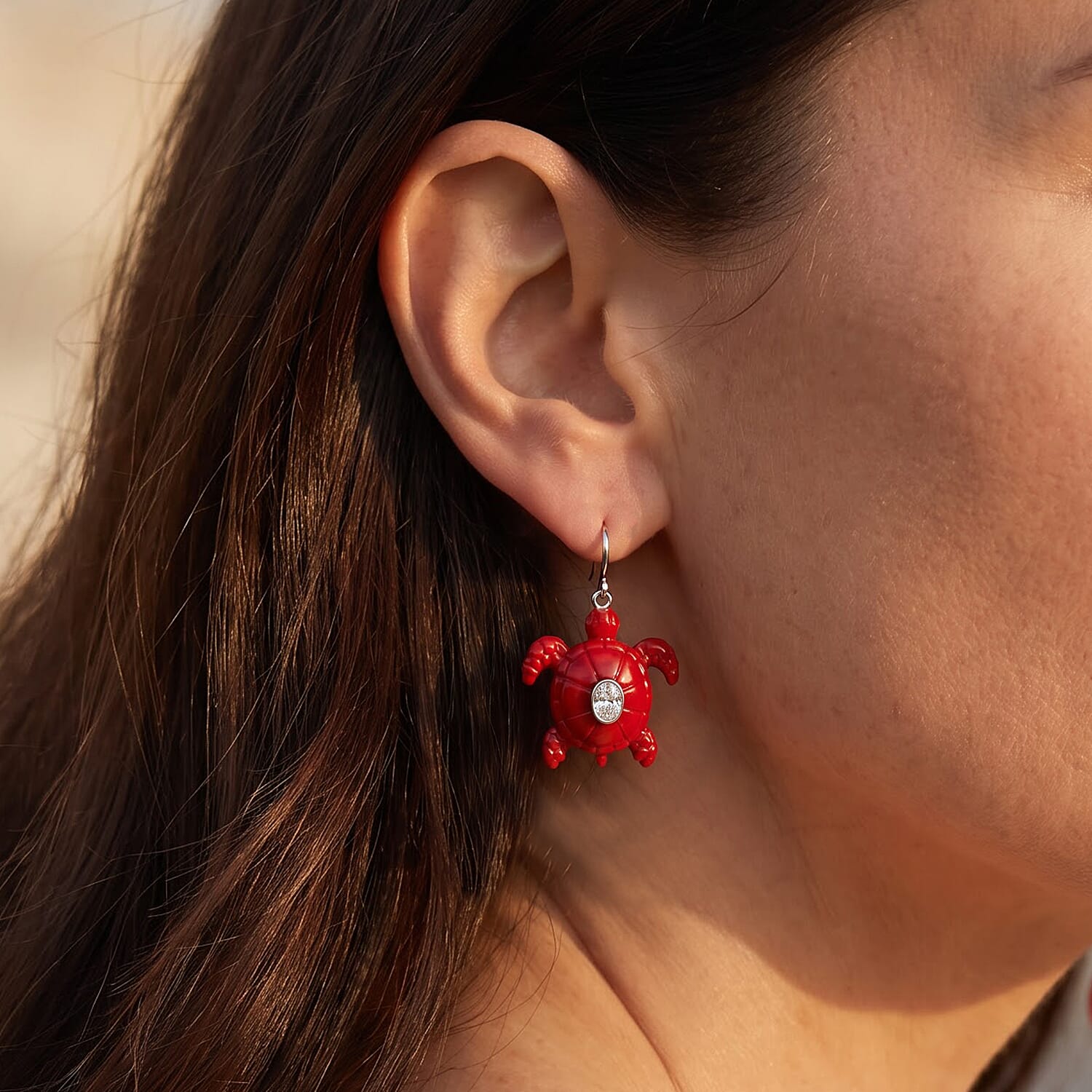 D'Joy Bali Legacy Moissanite 1.00 ctw and Red Coral Turtle Earrings in Sterling Silver