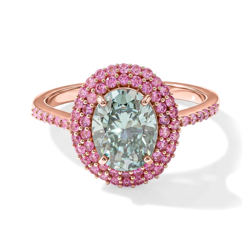 D'Joy Green Moissanite and Pink Sapphire 2.90 ctw Verdant Blush Halo Ring in 18K Vermeil Rose Gold Over Sterling Silver (Size 6.0)