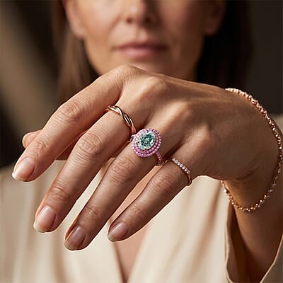 D'Joy Green Moissanite and Pink Sapphire 2.90 ctw Ring in 18K Vermeil Rose Gold Over Sterling Silver (Size 6.0)