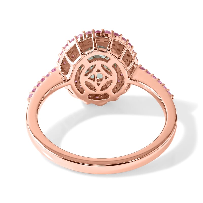 D'Joy Green Moissanite and Pink Sapphire 2.90 ctw Verdant Blush Halo Ring in 18K Vermeil Rose Gold Over Sterling Silver (Size 6.0)