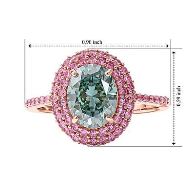 D'Joy Green Moissanite and Pink Sapphire 2.90 ctw Ring in 18K Vermeil Rose Gold Over Sterling Silver (Size 6.0)
