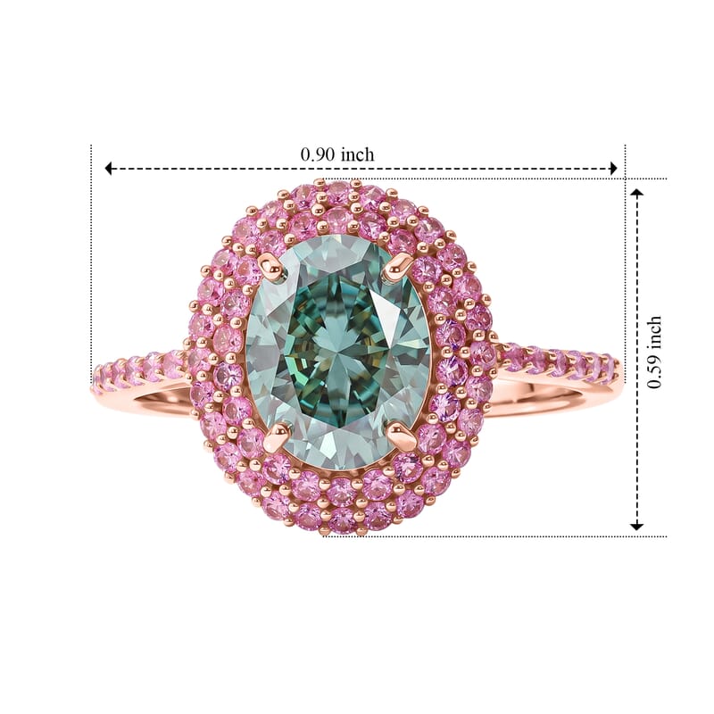 D'Joy Green Moissanite and Pink Sapphire 2.90 ctw Verdant Blush Halo Ring in 18K Vermeil Rose Gold Over Sterling Silver (Size 6.0)