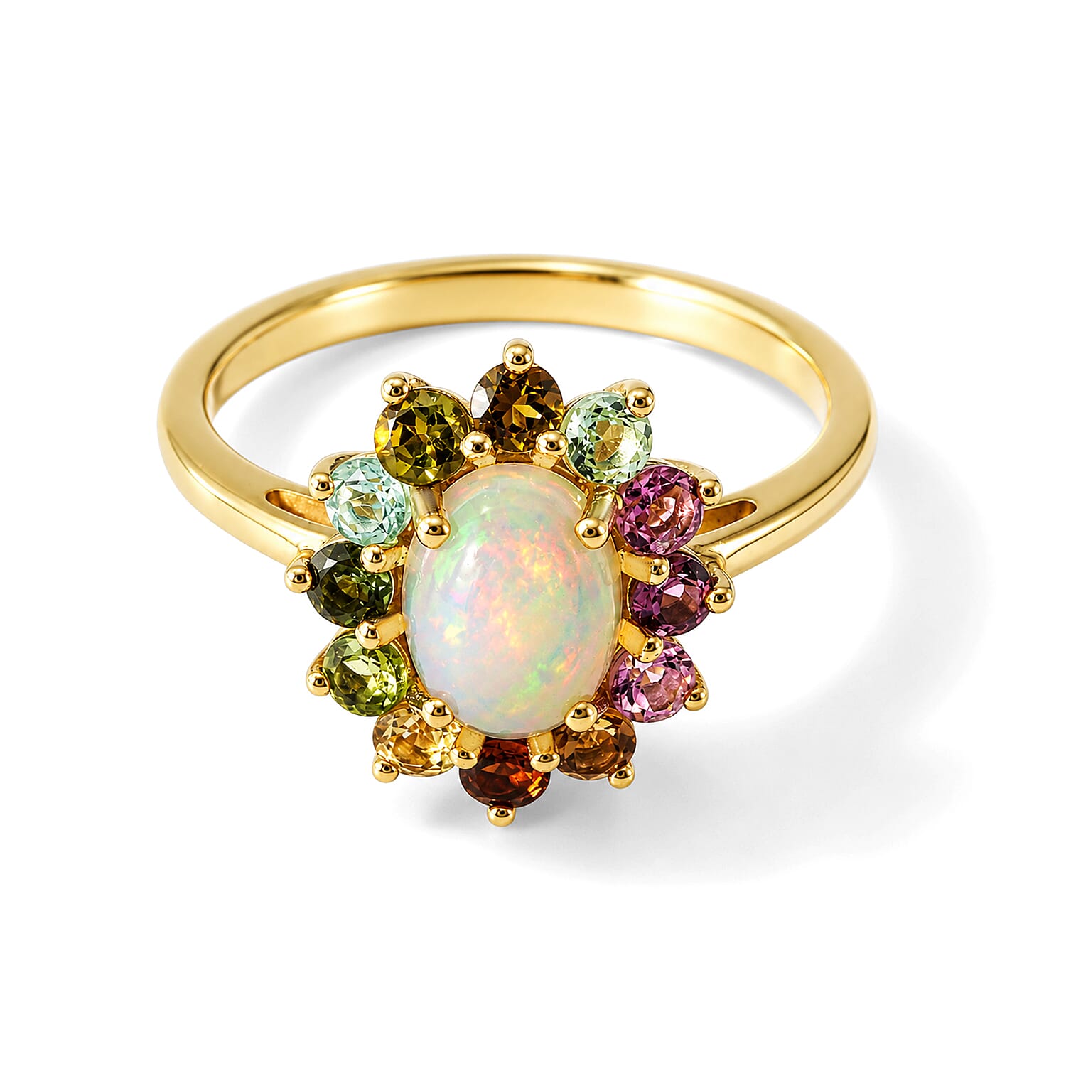 D'Joy Ethiopian Welo Opal and Multi-Tourmaline 1.40 ctw Ring in 18K Yellow Gold Over Sterling Silver (Size 5.0)