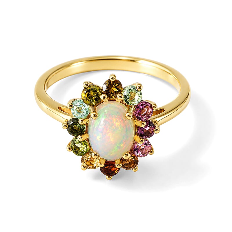 D'Joy Ethiopian Welo Opal and Multi-Tourmaline 1.40 ctw Ring in 18K Yellow Gold Over Sterling Silver (Size 5.0)