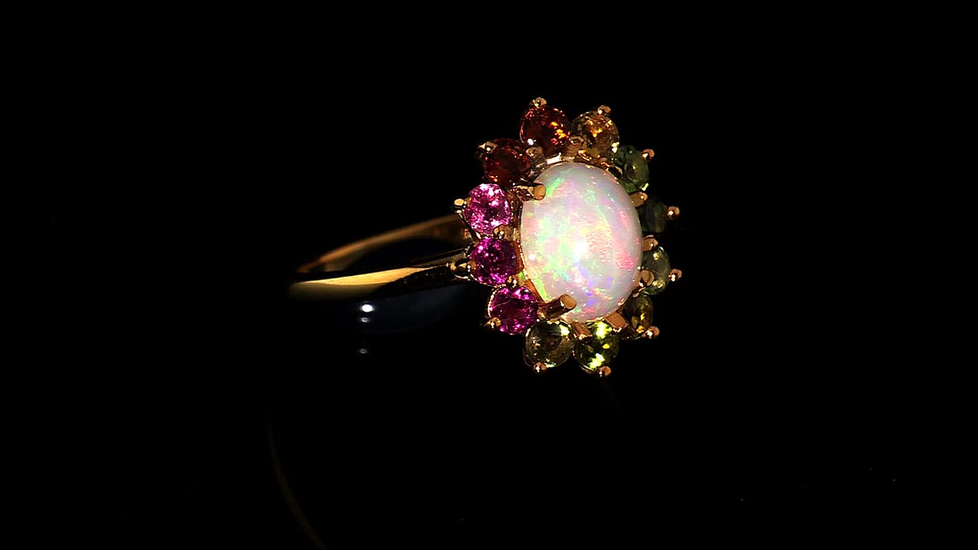 D''Joy Ethiopian Welo Opal and Multi-Tourmaline 1.40 ctw Ring in 18K Yellow Gold Over Sterling Silver (Size 9.0)
