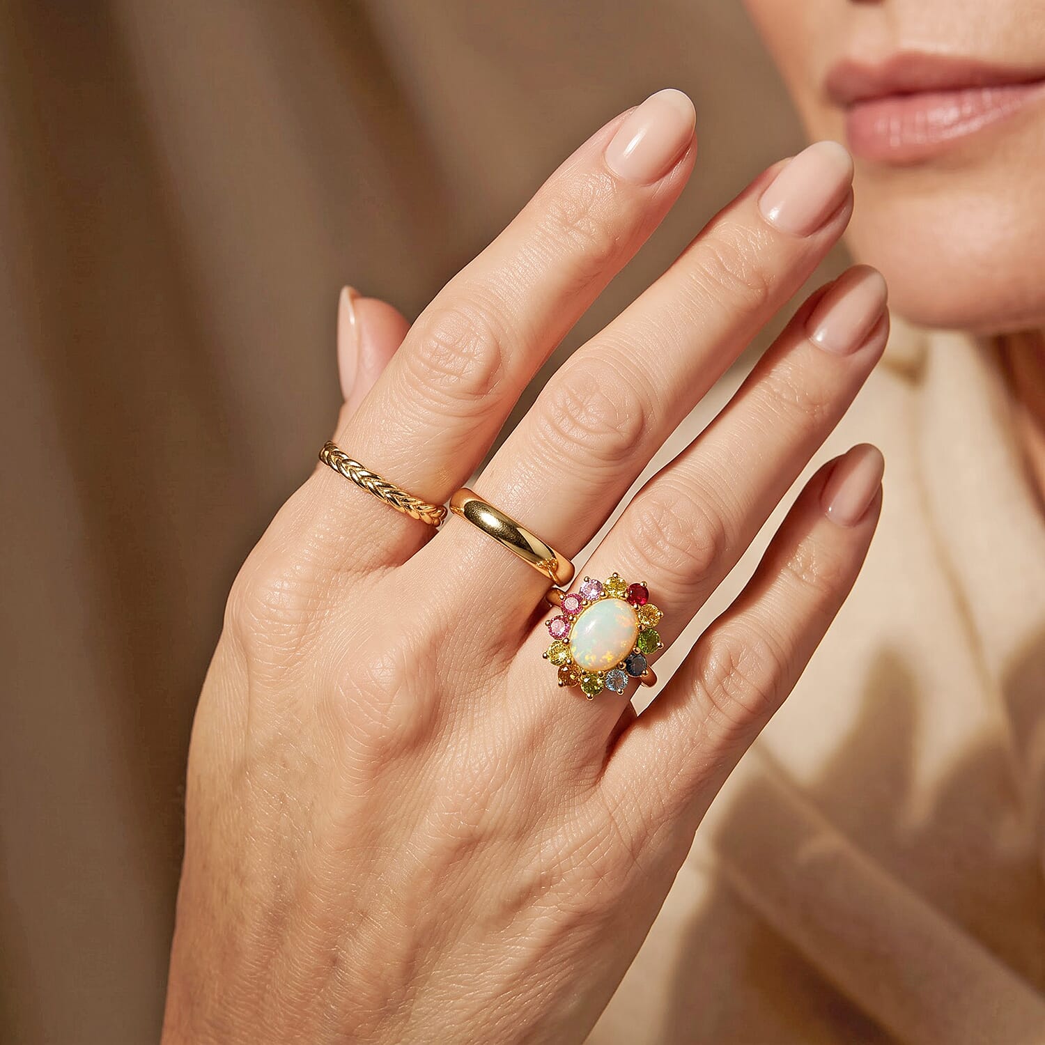 D'Joy Ethiopian Welo Opal and Multi-Tourmaline 1.40 ctw Ring in 18K Yellow Gold Over Sterling Silver (Size 5.0)