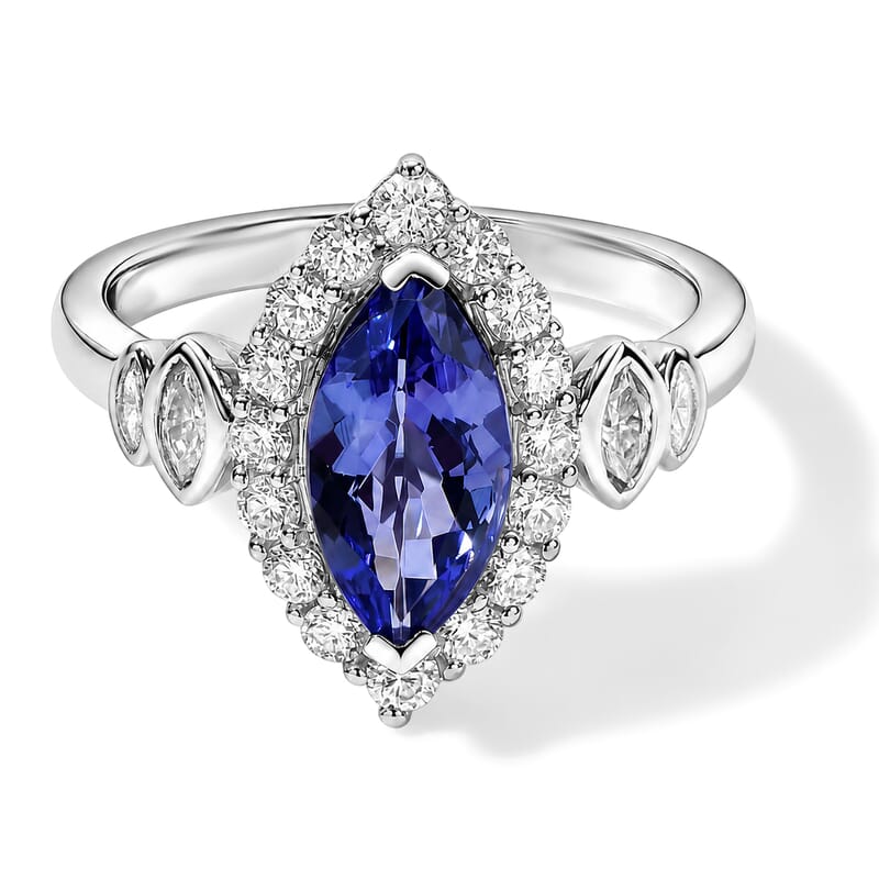 Certified and Appraised D'Joy Premium Tanzanite and Moissanite 2.00 ctw Ring in Rhodium Over Sterling Silver (Size 10.0)