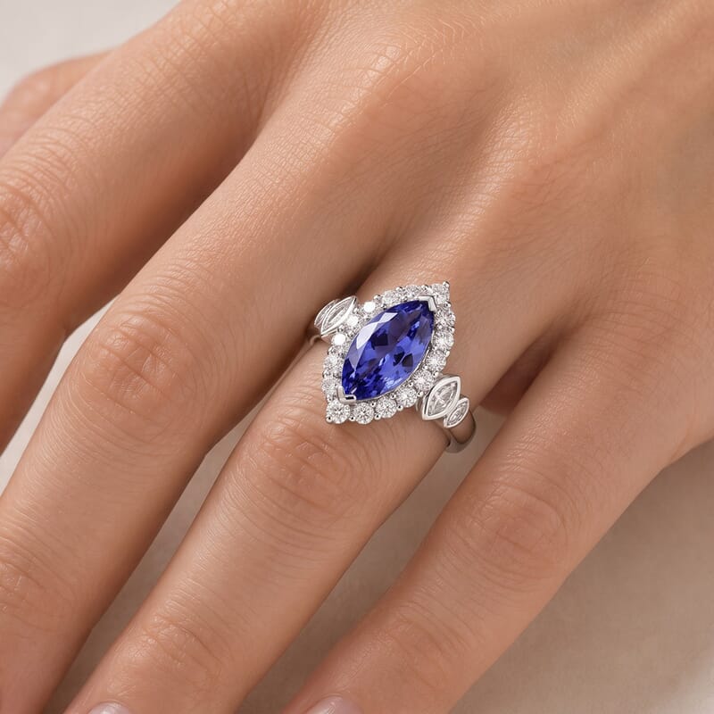 Certified and Appraised D'Joy Premium Tanzanite and Moissanite 2.00 ctw Ring in Rhodium Over Sterling Silver (Size 10.0)