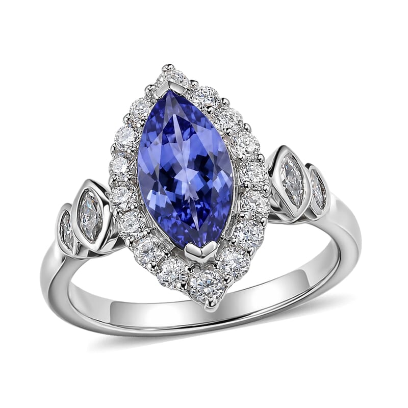 Certified and Appraised D'Joy Premium Tanzanite and Moissanite 2.00 ctw Ring in Rhodium Over Sterling Silver (Size 10.0)