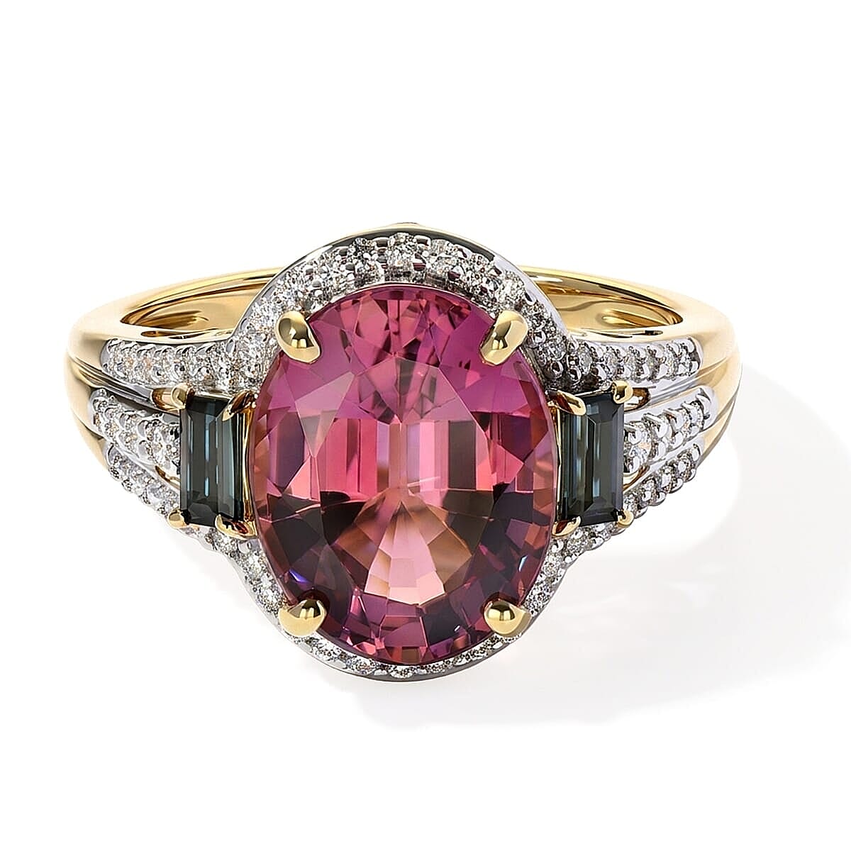 Luxoro AAA Morro Redondo Pink Tourmaline, Indicolite and Diamond I2 5.40 ctw Blush Majesty Ring in 10K Yellow Gold (Size  6.0)