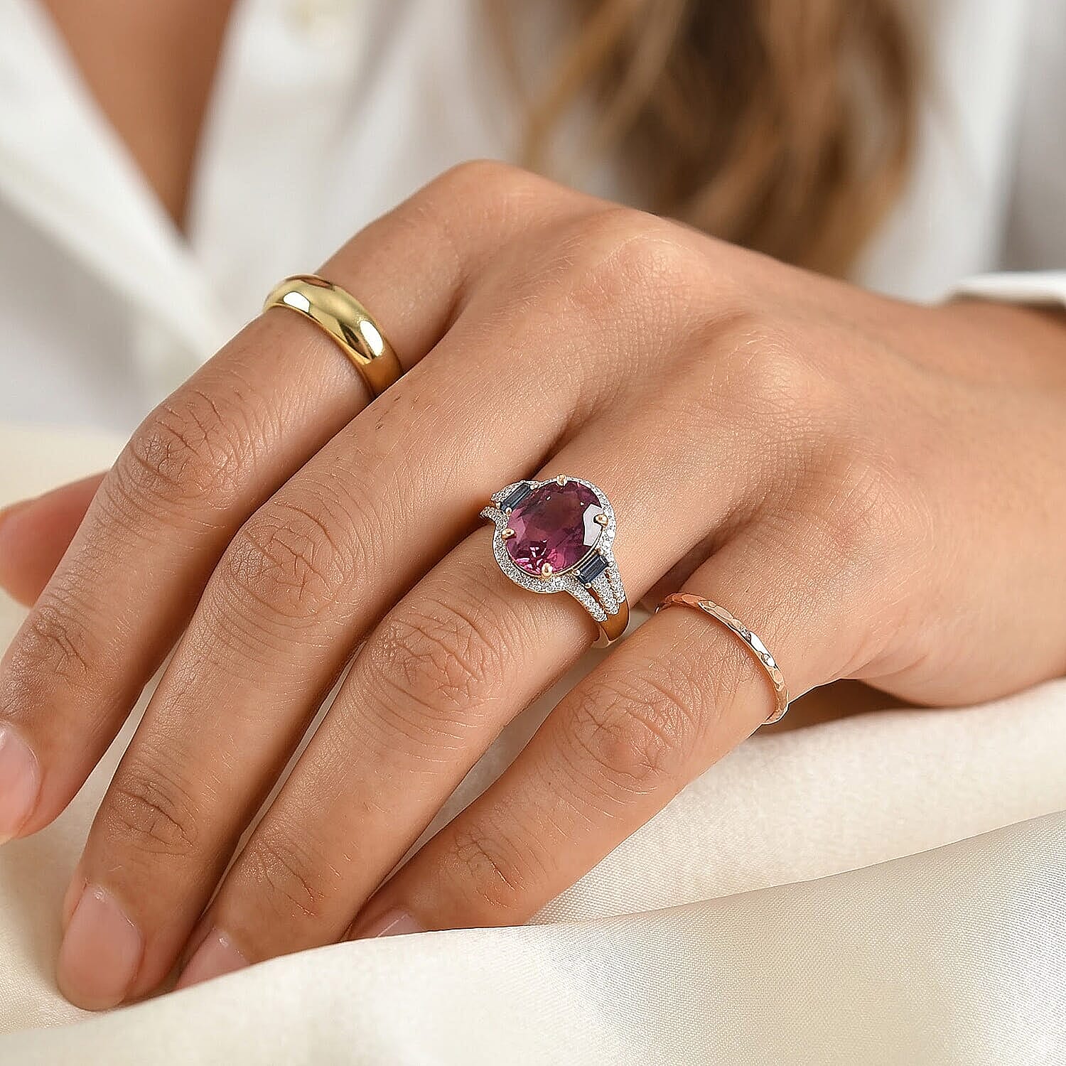 Luxoro AAA Morro Redondo Pink Tourmaline, Indicolite and Diamond I2 5.40 ctw Blush Majesty Ring in 10K Yellow Gold (Size  6.0)