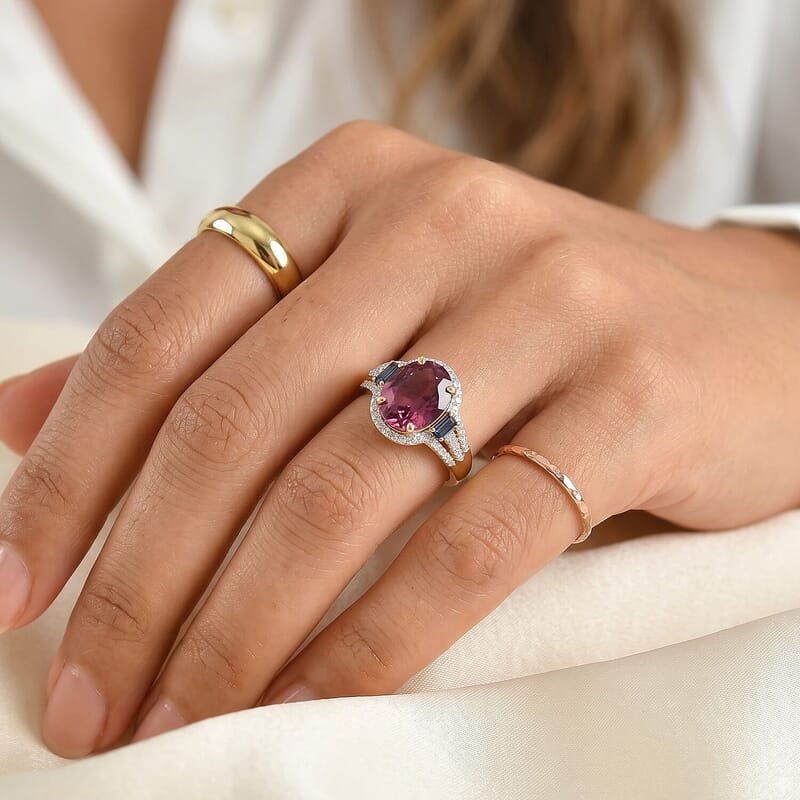 Luxoro AAA Morro Redondo Pink Tourmaline, Indicolite and Diamond I2 5.40 ctw Blush Majesty Ring in 10K Yellow Gold (Size  6.0)