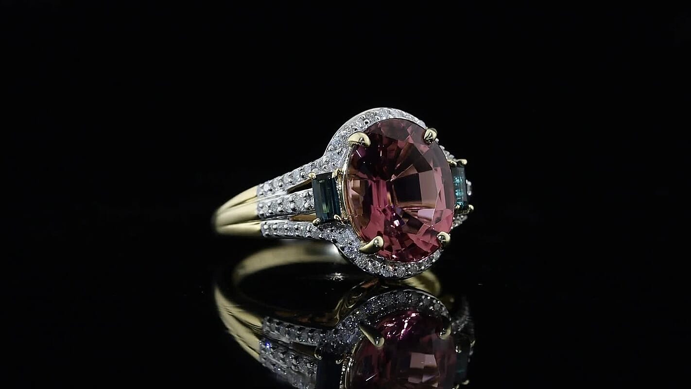 Luxoro AAA Pink Tourmaline, Indicolite and Diamond I2 5.35 ctw Ring in 10K Yellow Gold (Size 7.0)