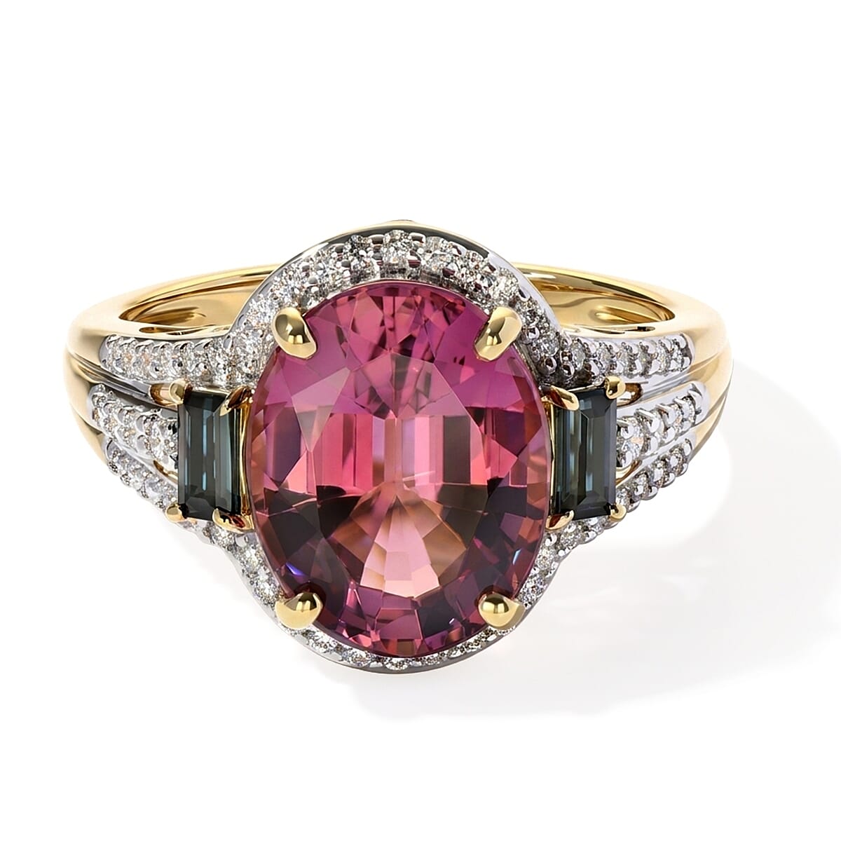Luxoro AAA Morro Redondo Pink Tourmaline, Indicolite and Diamond I2 5.40 ctw Blush Majesty Ring in 10K Yellow Gold (Size 8.0)