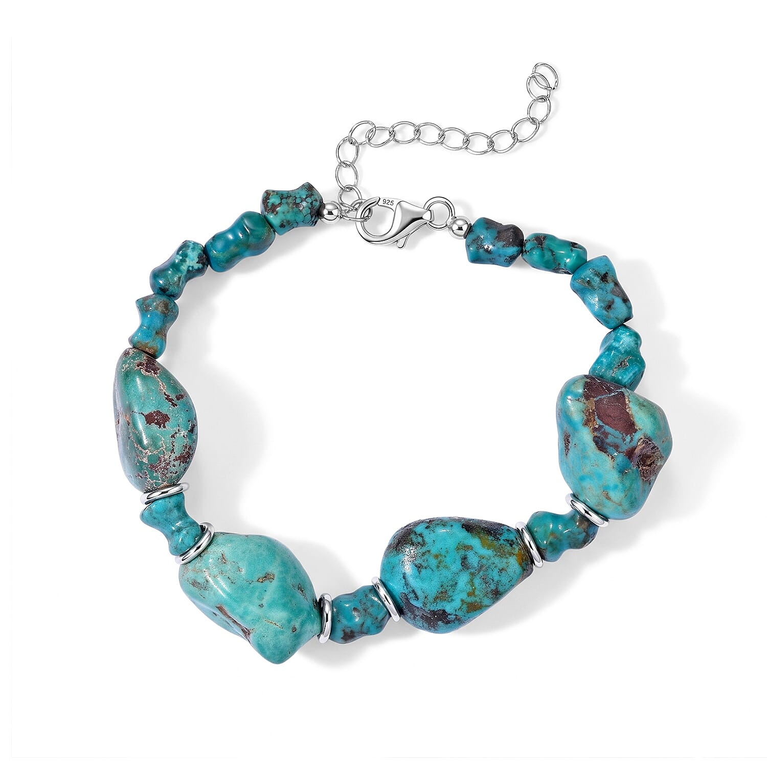 D'Joy Royal Hubei Turquoise 95.00 ctw Beaded Bracelet in Rhodium Over Sterling Silver (7.25 In)