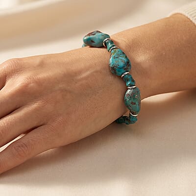 D'Joy Royal Hubei Turquoise 95.00 ctw Beaded Bracelet in Rhodium Over Sterling Silver (7.25 In)