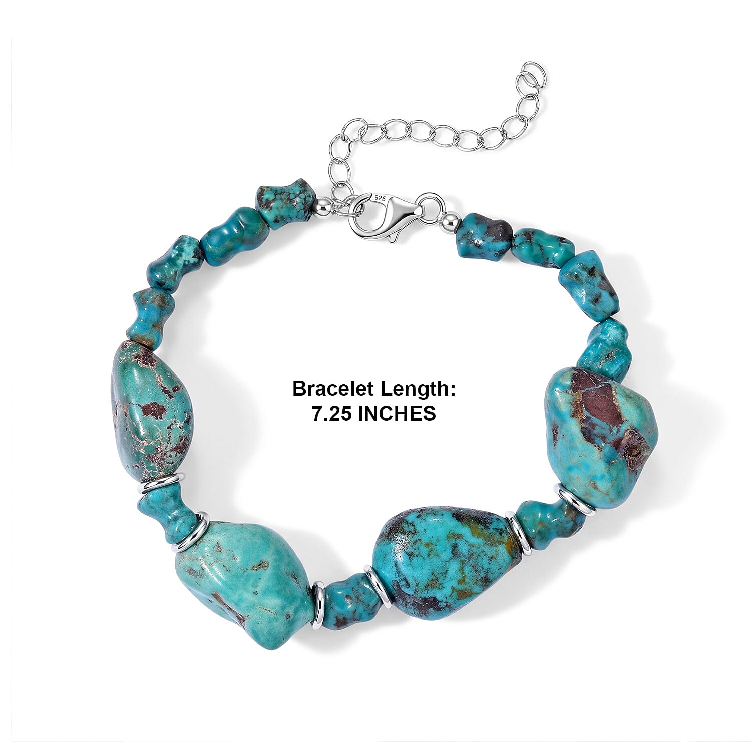 D'Joy Royal Hubei Turquoise 95.00 ctw Beaded Bracelet in Rhodium Over Sterling Silver (7.25 In)