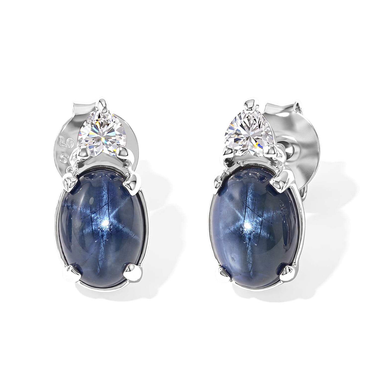 D'Joy Premium Blue Star Sapphire (DF) and Moissanite 1.75 ctw The Celestial Love Stud Earrings in Rhodium Over Sterling Silver