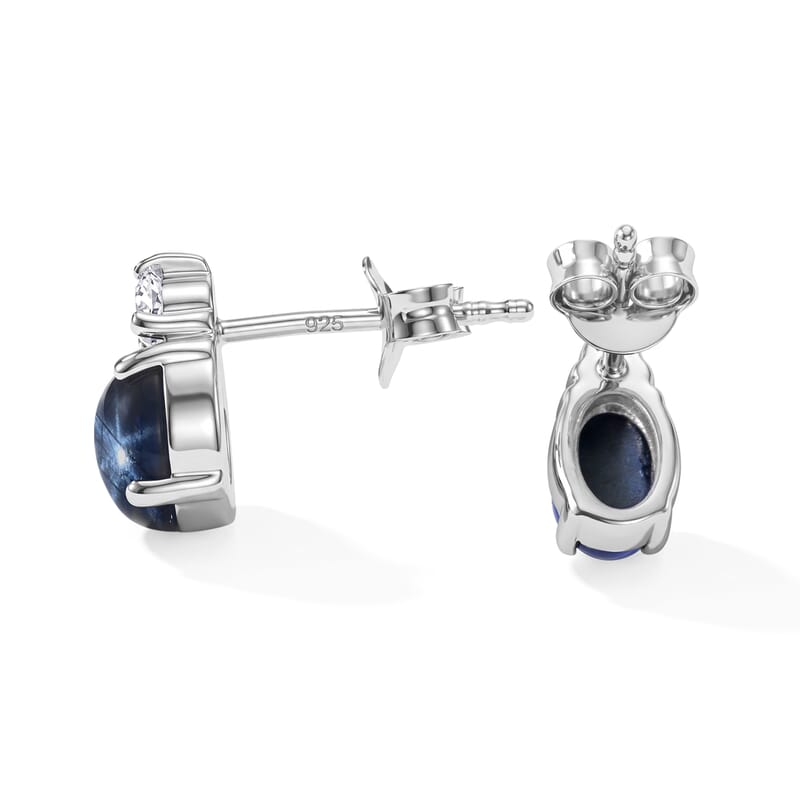 D'Joy Premium Blue Star Sapphire (DF) and Moissanite 1.75 ctw The Celestial Love Stud Earrings in Rhodium Over Sterling Silver