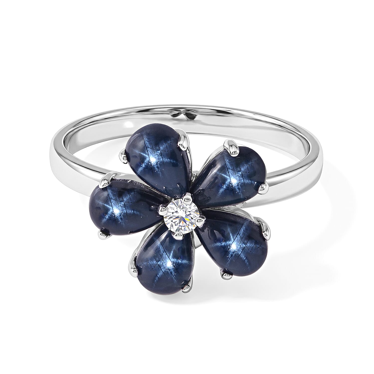 D'Joy Premium Blue Star Sapphire (DF) and Moissanite 3.10 ctw The Celestial Blossom Ring in Rhodium Over Sterling Silver (Size 5.0)