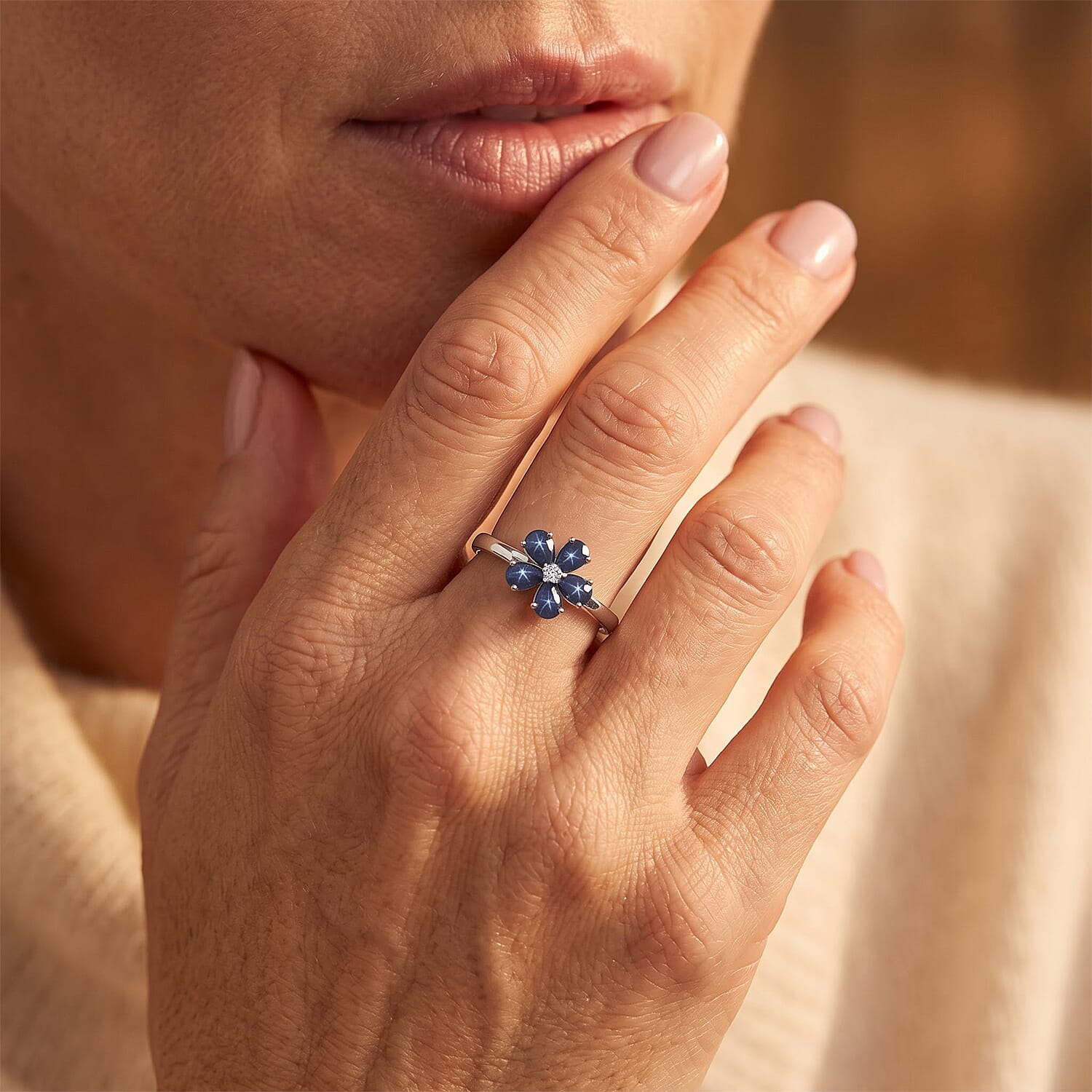 D'Joy Premium Blue Star Sapphire (DF) and Moissanite 3.10 ctw The Celestial Blossom Ring in Rhodium Over Sterling Silver (Size 5.0)