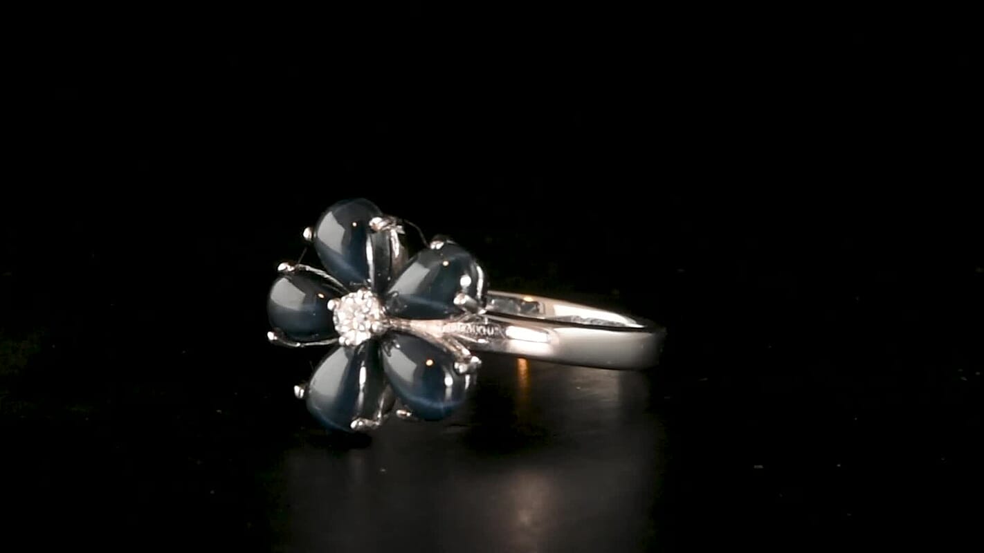 D''Joy Premium Blue Star Sapphire (DF), Moissanite The Celestial Blossom Ring in Rhodium Over Sterling Silver (Size 10.0) 3.10 ctw