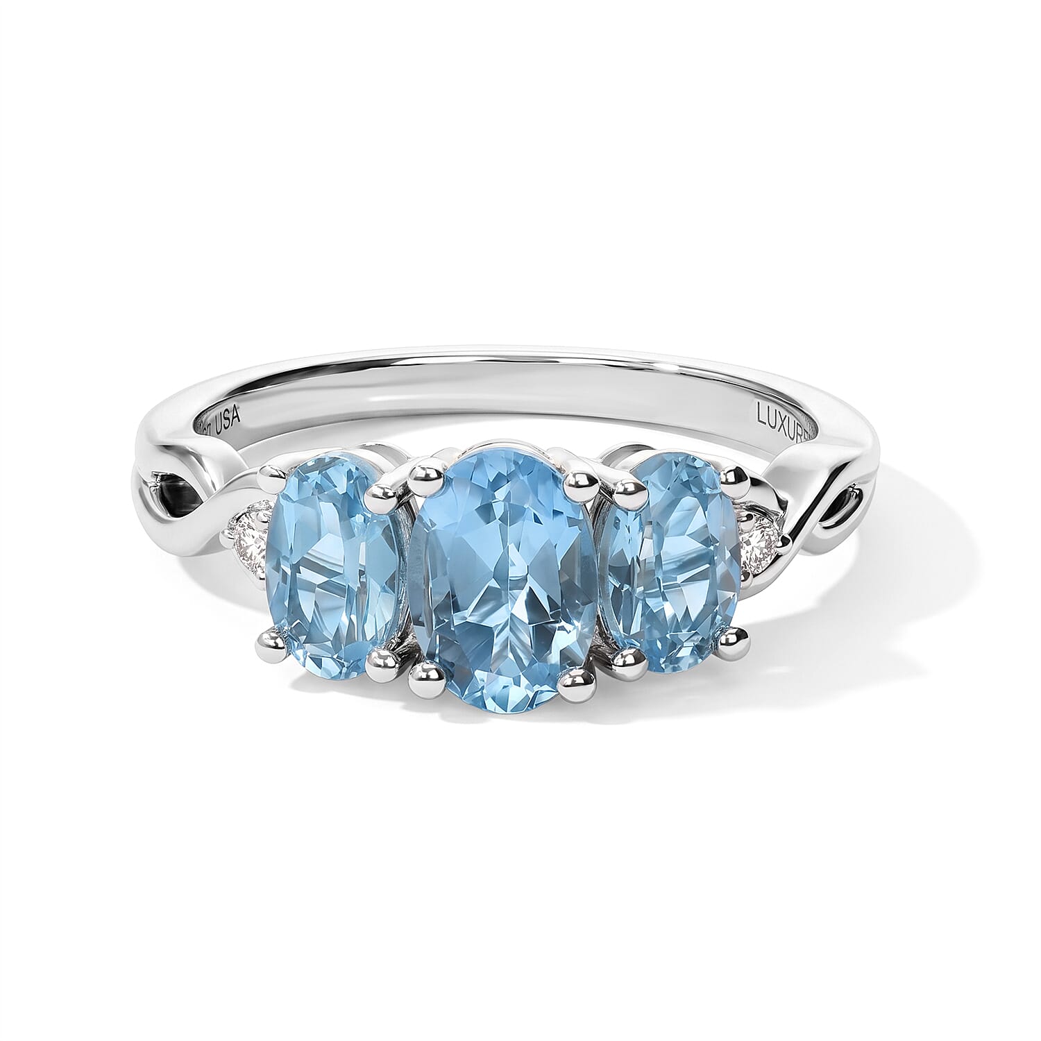 Premium Swiss Blue Topaz and Luxuriant Lab Grown Diamond SI 2.10 ctw 3 Stone Ring in Rhodium Over Sterling Silver (Size 5.0)