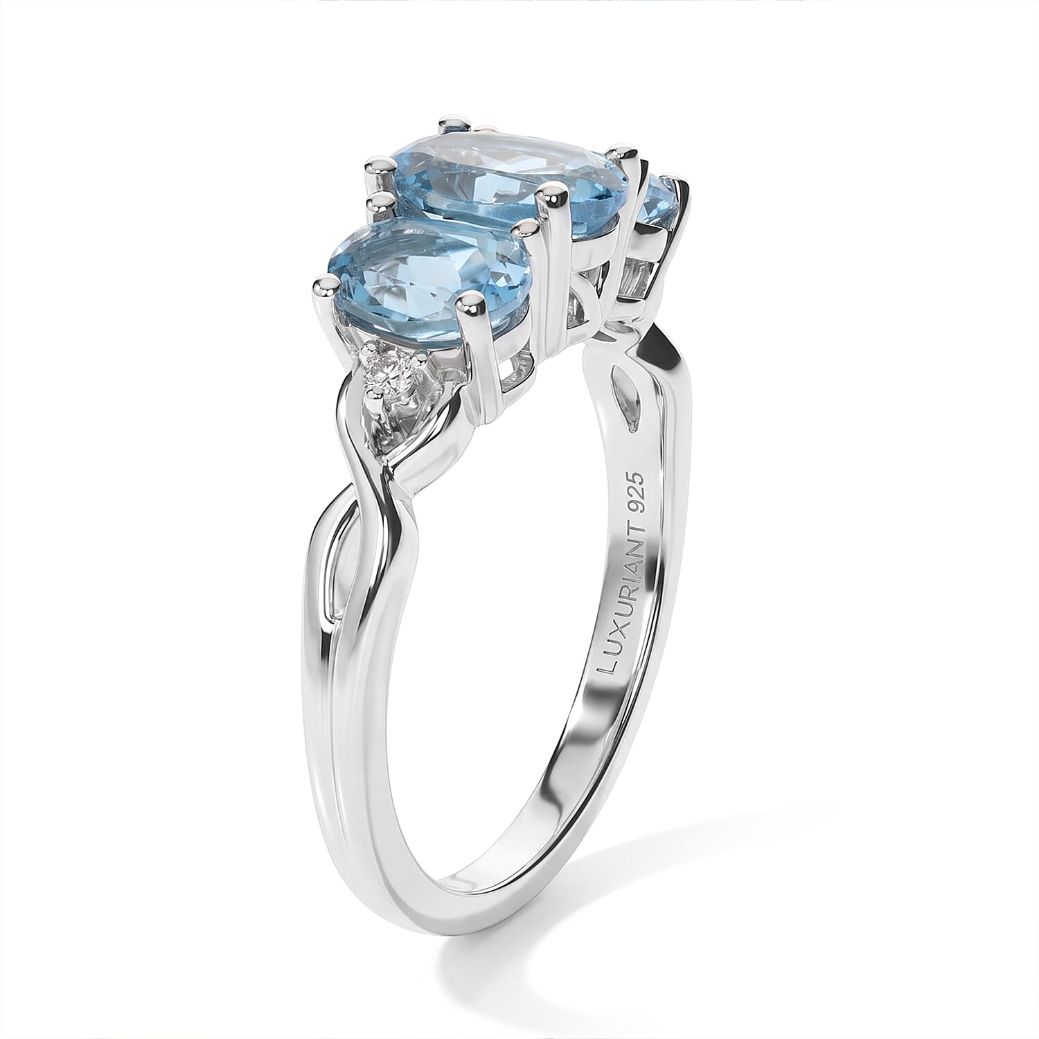 Premium Swiss Blue Topaz and Luxuriant Lab Grown Diamond SI 2.10 ctw 3 Stone Ring in Rhodium Over Sterling Silver (Size 5.0)