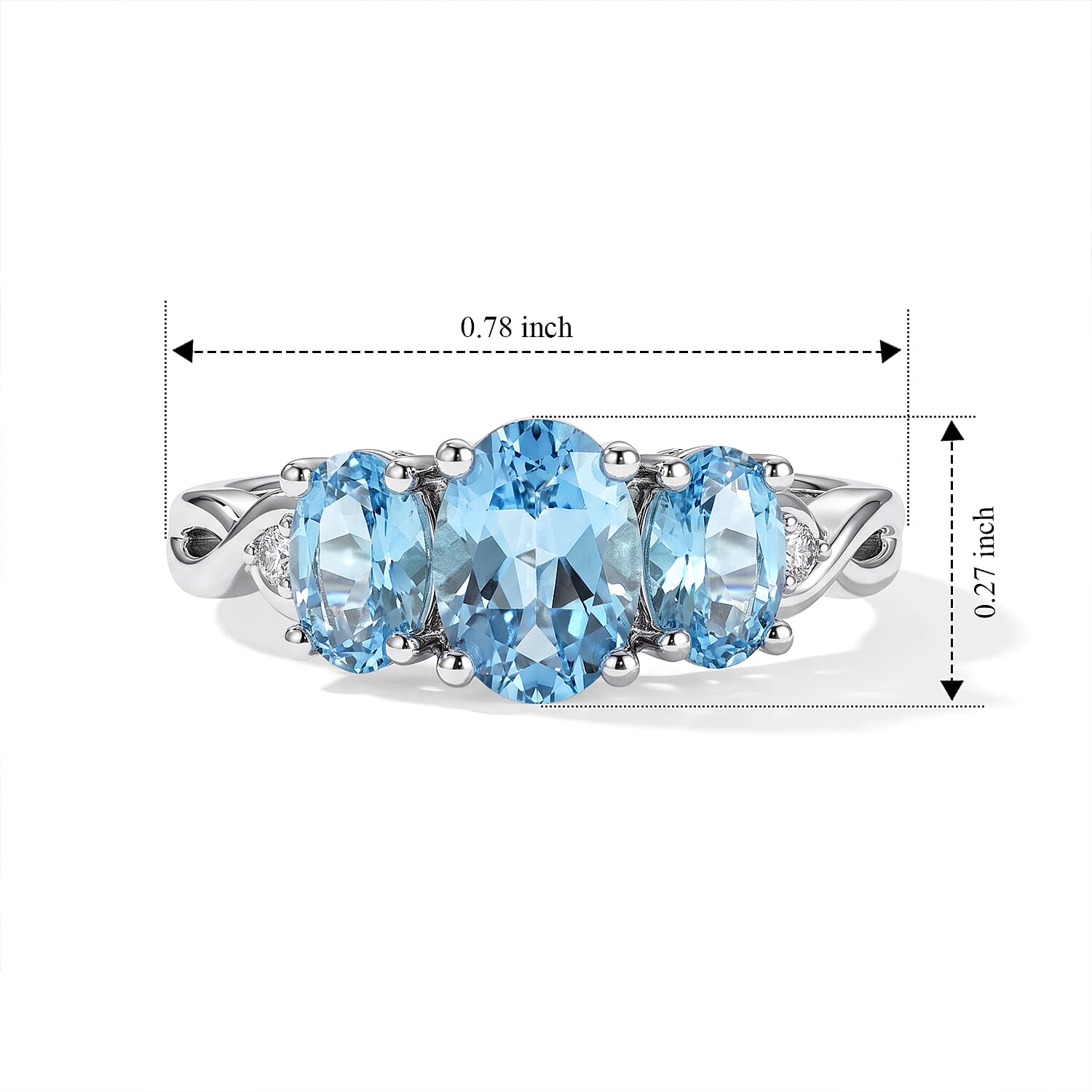 Premium Swiss Blue Topaz and Luxuriant Lab Grown Diamond SI 2.10 ctw 3 Stone Ring in Rhodium Over Sterling Silver (Size 5.0)