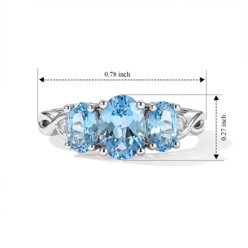 Premium Swiss Blue Topaz and Luxuriant Lab Grown Diamond SI 2.10 ctw 3 Stone Ring in Rhodium Over Sterling Silver (Size 5.0)