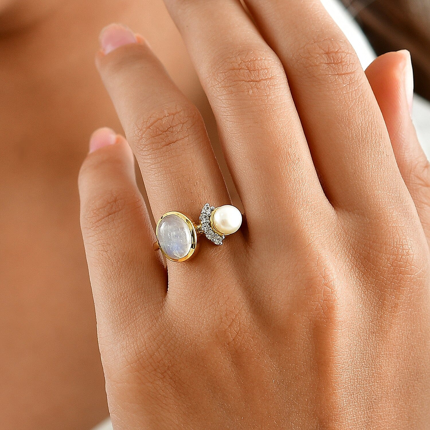 D'Joy Premium Moon Glow Stone and Multi Gemstone 2.15 ctw Ring in 18K Vermeil Yellow Gold Over Sterling Silver (Size 5.0)