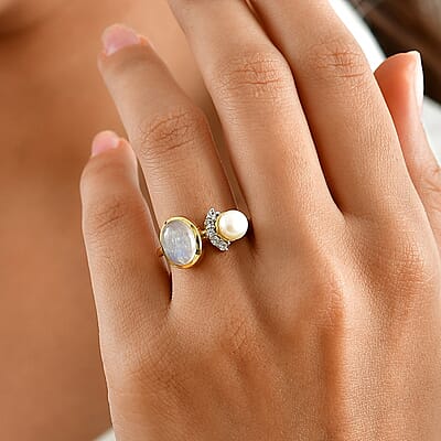 D'Joy Premium Moon Glow Stone and Multi Gemstone 2.15 ctw Ring in 18K Vermeil Yellow Gold Over Sterling Silver (Size 5.0)