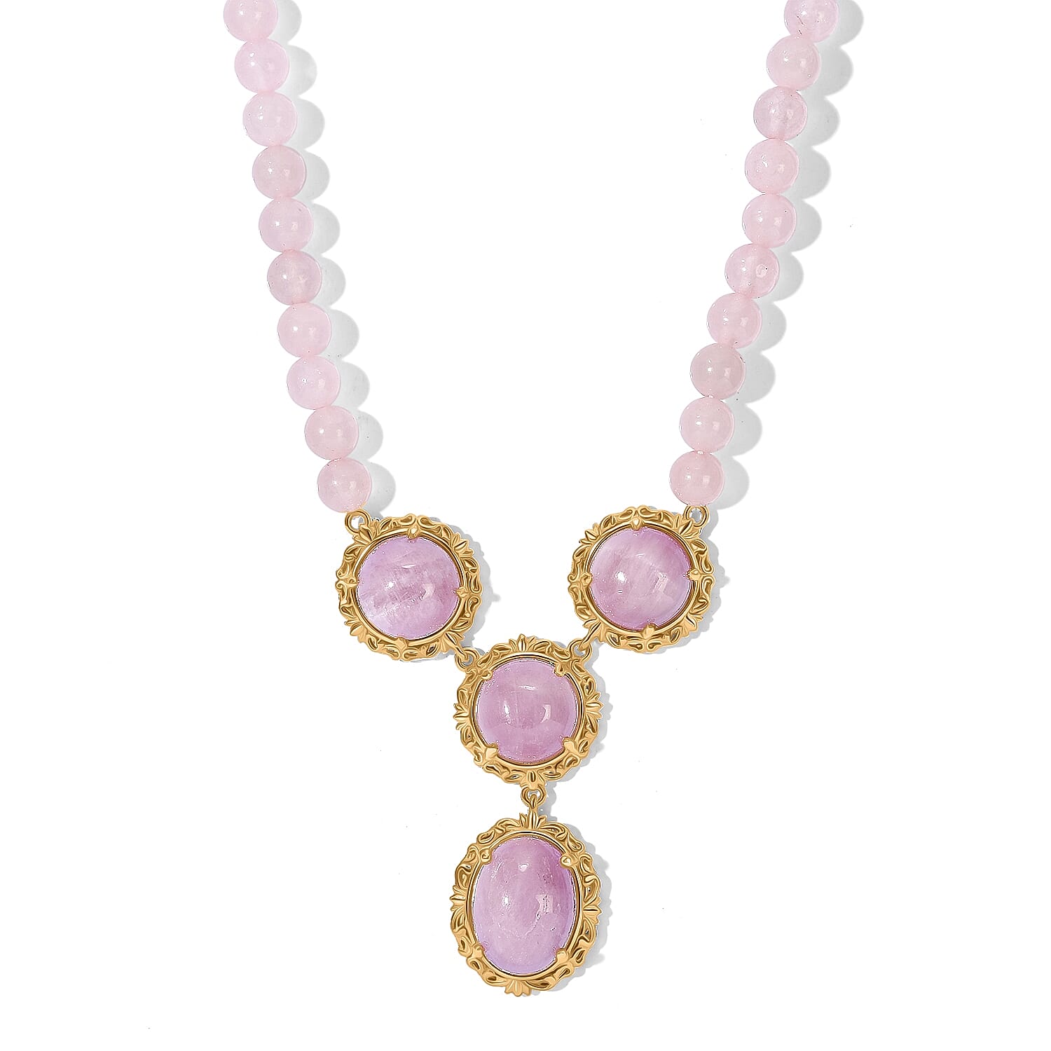 EverTrue Kunzite and Rose Quartz 88.90 ctw Open Filligree Work Necklace in 18K YG Plated 18 Inches