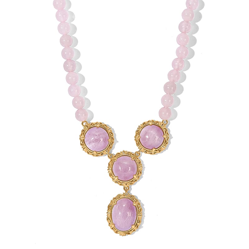 EverTrue Kunzite and Rose Quartz 88.90 ctw Open Filligree Work Necklace in 18K YG Plated 18 Inches